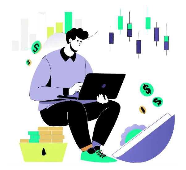 Trader working on a laptop surrounded by market charts