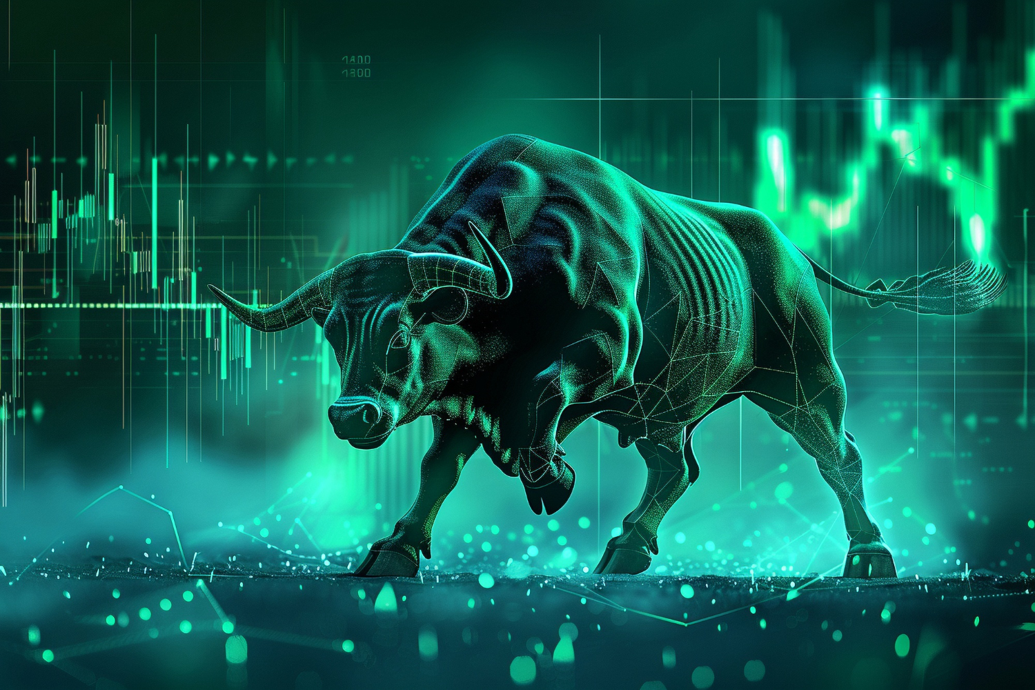 Glowing bull over a rising market chart